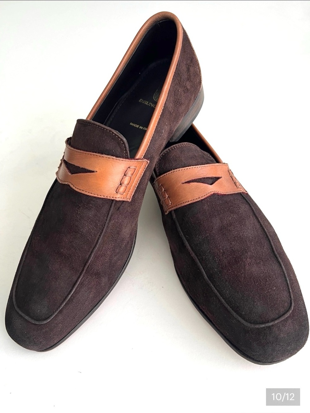 Italian Bruno Magli Dark Brown Suede Loafers with Tan Leather Strap
